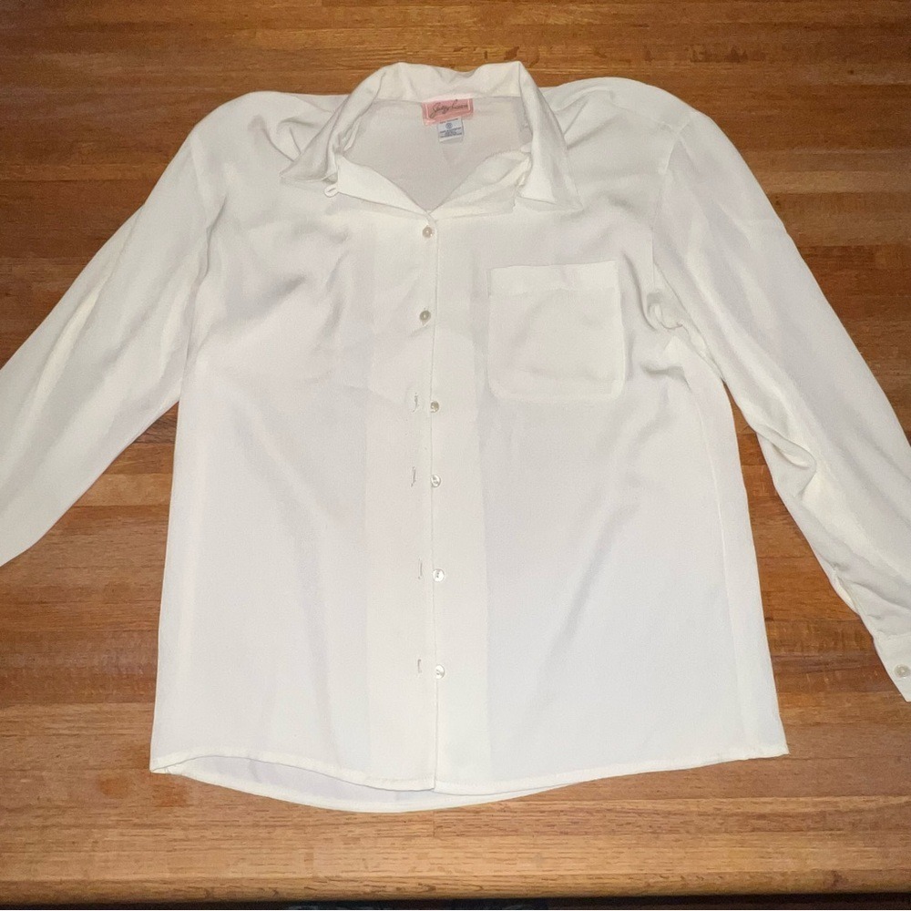 Jaclyn Smith Women 10 Cream Stripe Texture Pocket Long Sleeve Button Down Blouse